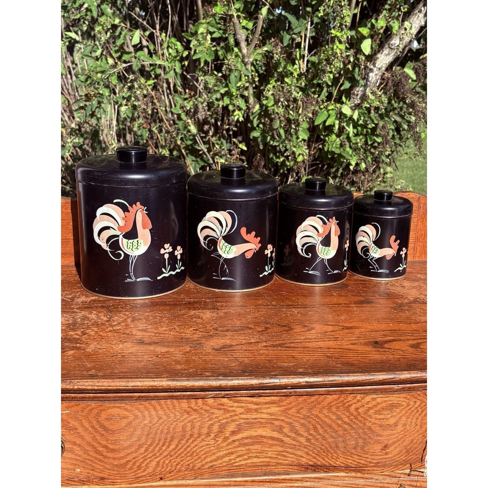 Vintage Ransburg Black Rooster Canister Set Of 4 Metal  50s 60s Farmhouse Decor
